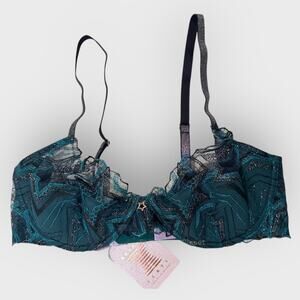 Savage X Fenty Shining Star Embroidered Half Cup Plunge Bra 36D | Blue Festival